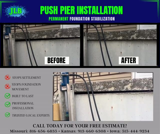 Residential foundation showing visible settlement damage and structural issues before JLB begins repair work